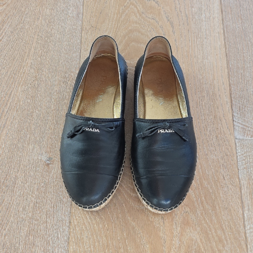 Authentic Calzature Napa Prada Black Leather Bow Espadrilles Size 35 1/2